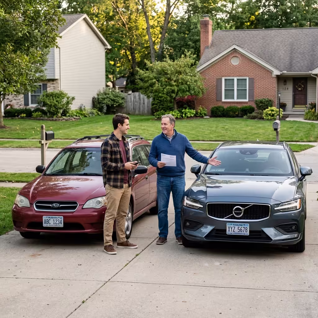 Two men standing with each other along with their respective cars and discussing the different premiums they pay for their car insurance even having the same Zip Code