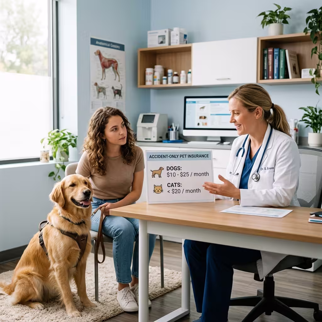 A veterinarian explaining accident-only pet insurance to a pet owner with their dog, featuring a chart on affordable accident-only coverage costs, emphasizing cheap pet insurance.