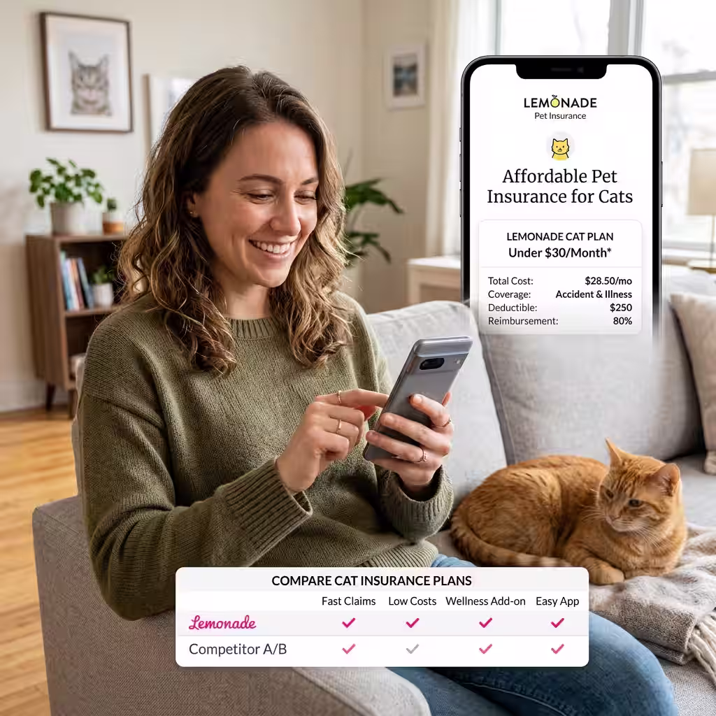 A pet owner using a mobile app to compare affordable pet insurance plans for their cat, showcasing Lemonade as a top choice for cheap pet insurance under $30/month.
