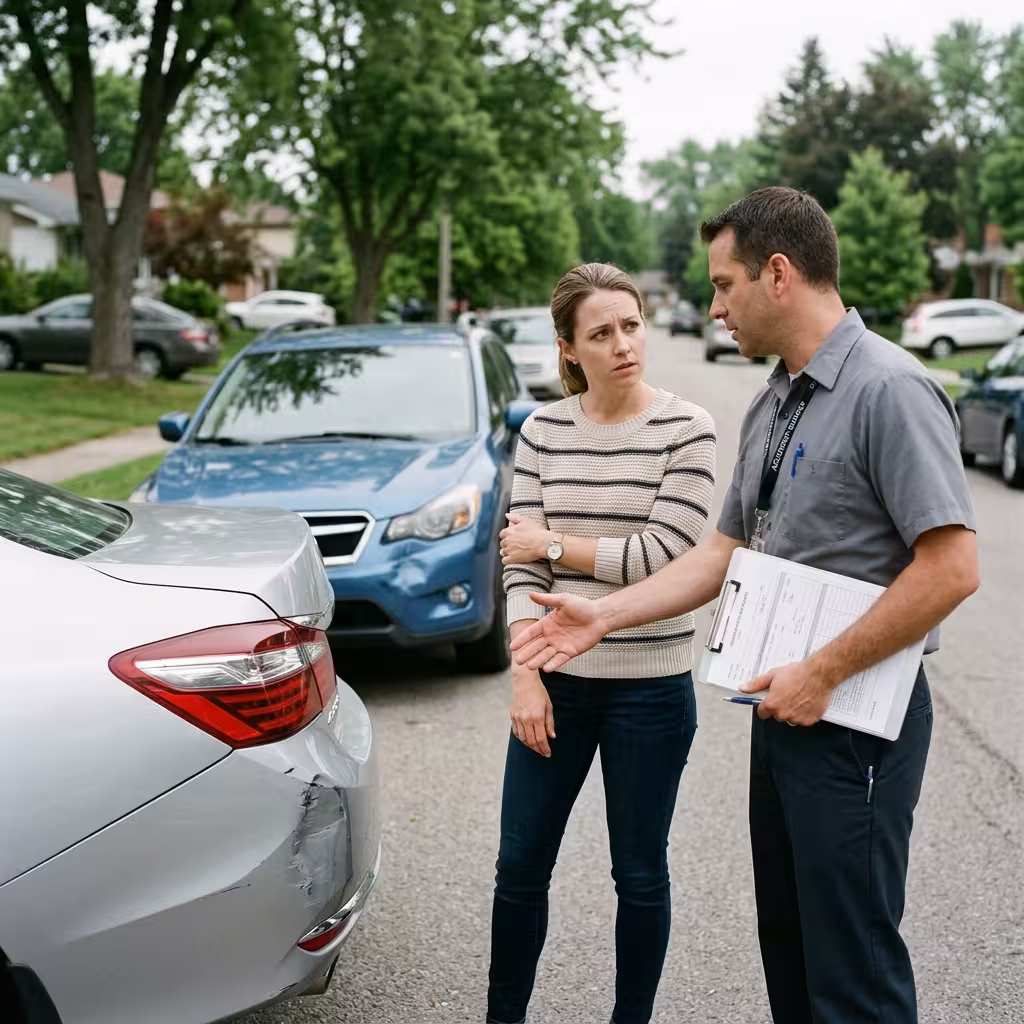 A woman talking to an insurance agent with respect to car insurance after accident. The woman's car had a rear ended accident and a dent can be seen on the car's bumper