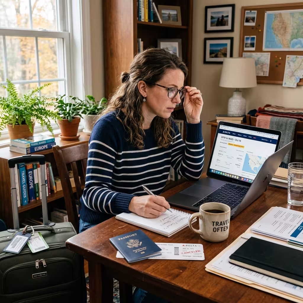 American traveler planning a trip at home with a U.S. passport and laptop, illustrating cancel for any reason travel insurance concerns before departure.
