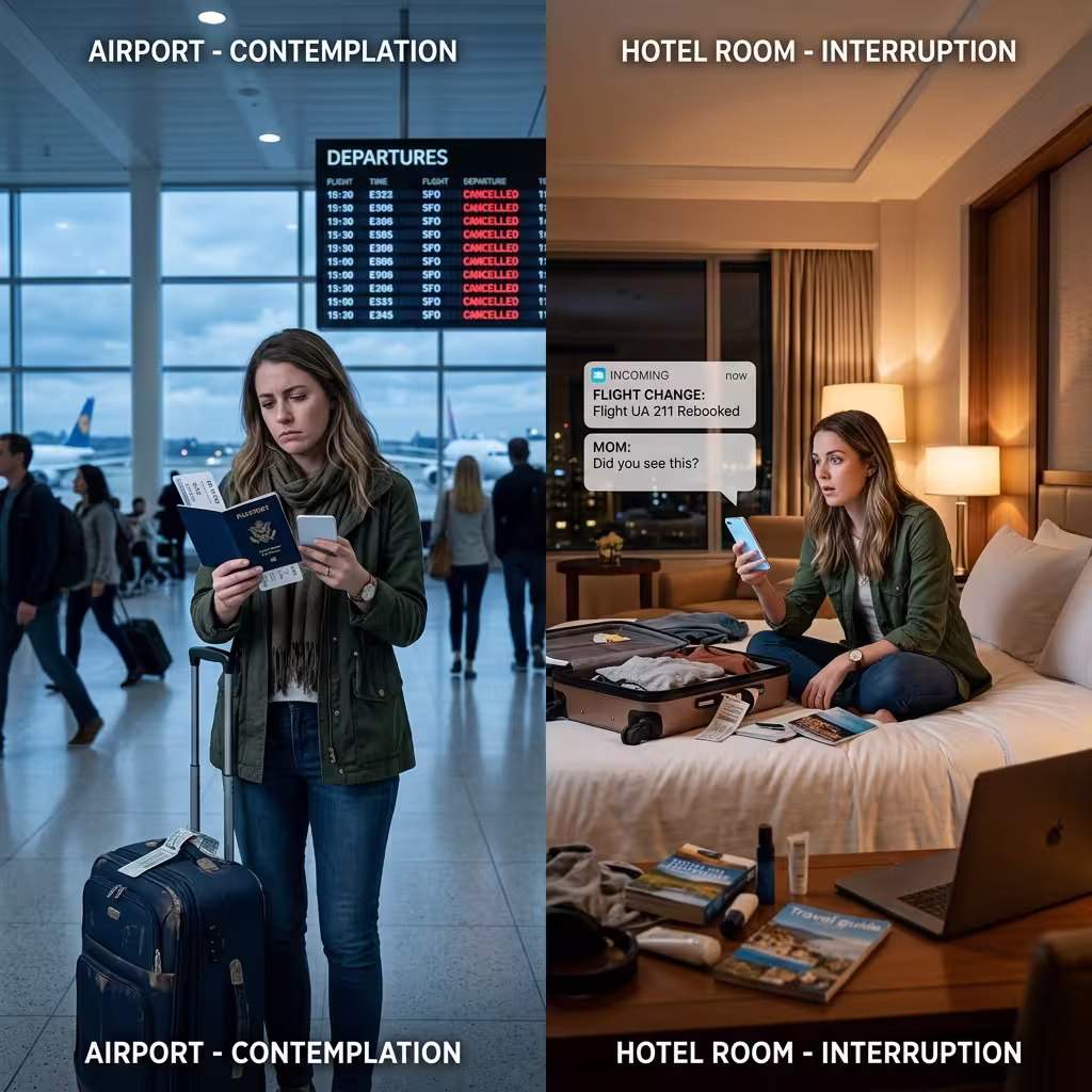 Split scene of an American traveler canceling before departure and facing a mid-trip interruption, comparing cancel for any reason travel insurance and IFAR coverage.