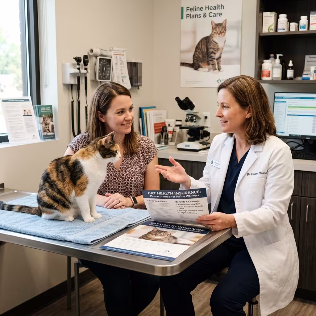 A veterinarian discussing pet insurance options with a cat owner in a clinic, emphasizing the unique benefits and cost differences of cat insurance.