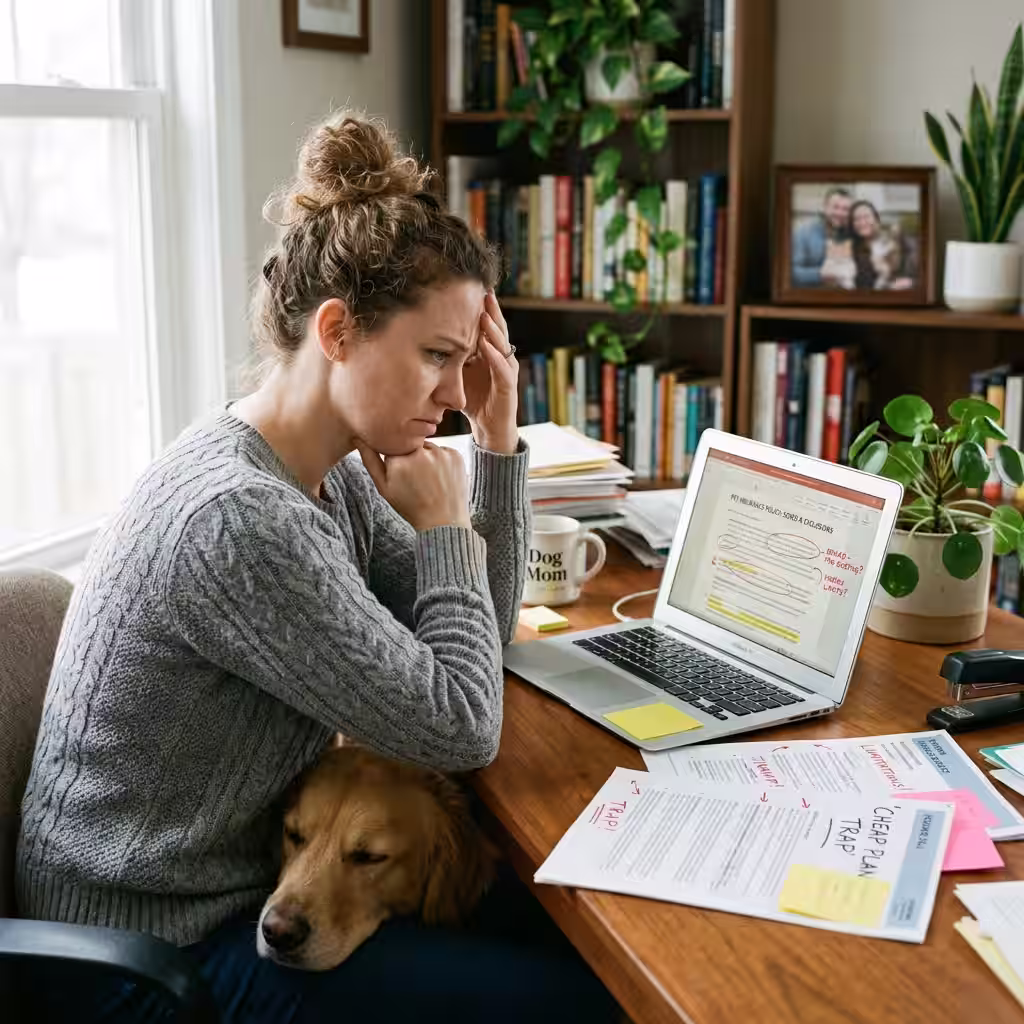 Frustrated pet owner reviewing a pet insurance policy with hidden exclusions and limitations, surrounded by documents and a laptop in a home office setting.