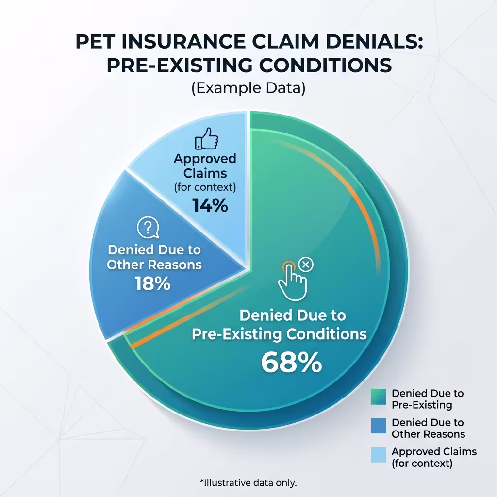A pie chart illustrating the percentage of pet insurance claims denied due to pre-existing conditions.