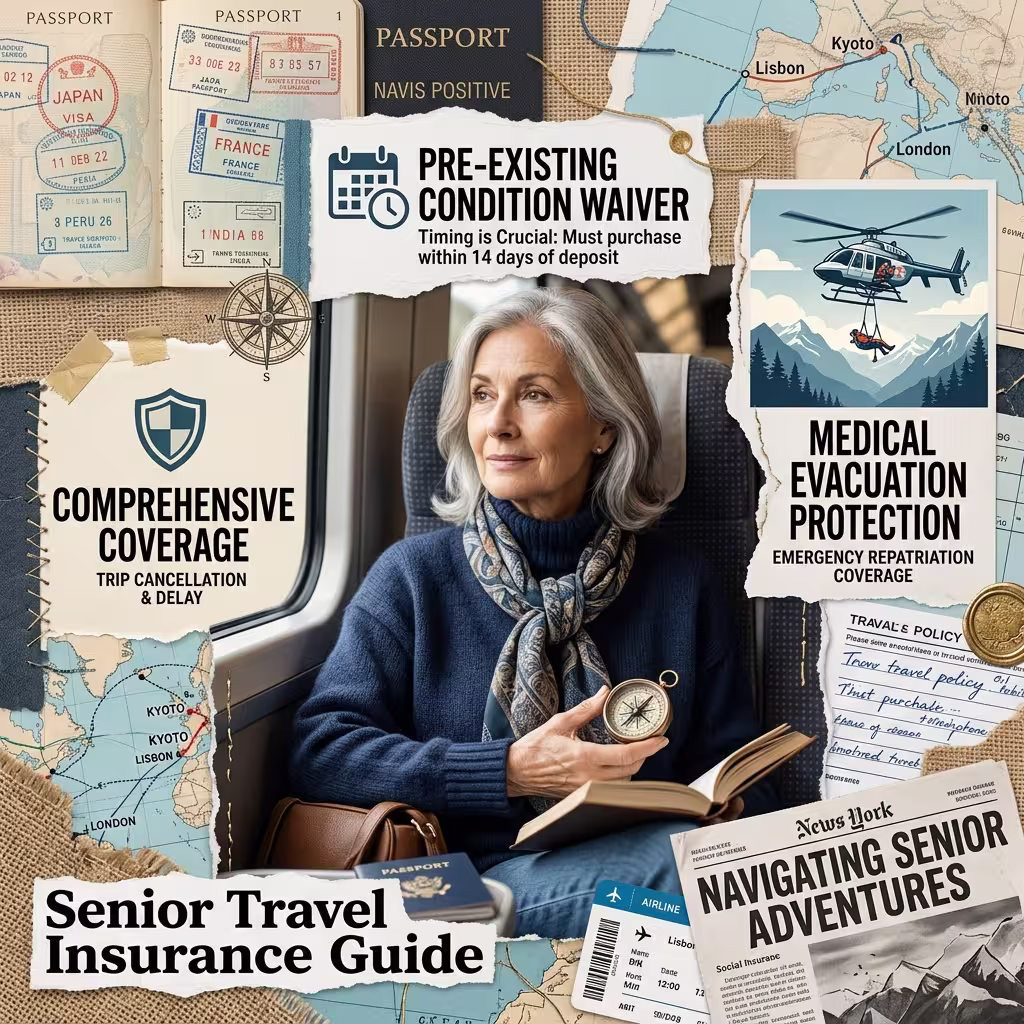 Senior traveler collage with passport, policy papers, maps, and travel insurance for seniors coverage overlays.