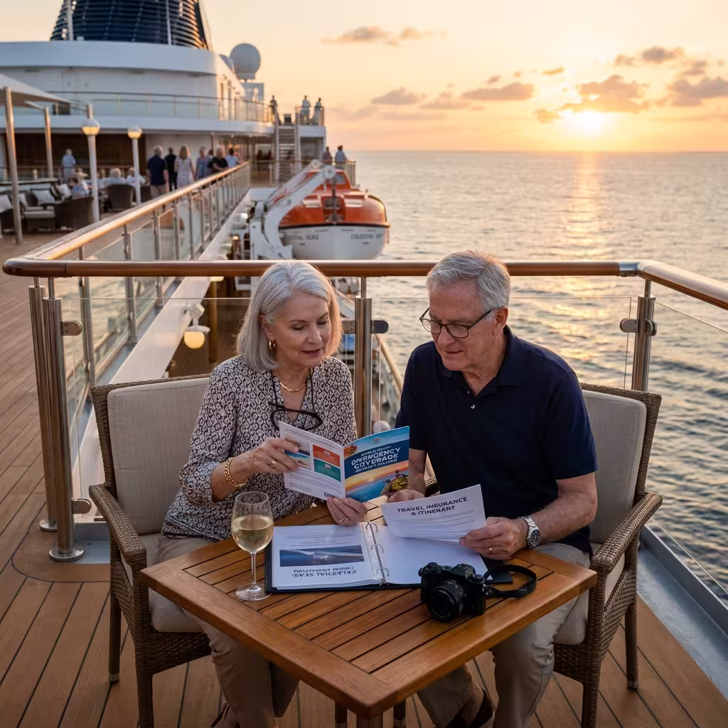 Senior couple reviews travel insurance for seniors documents on a cruise ship deck at golden hour.