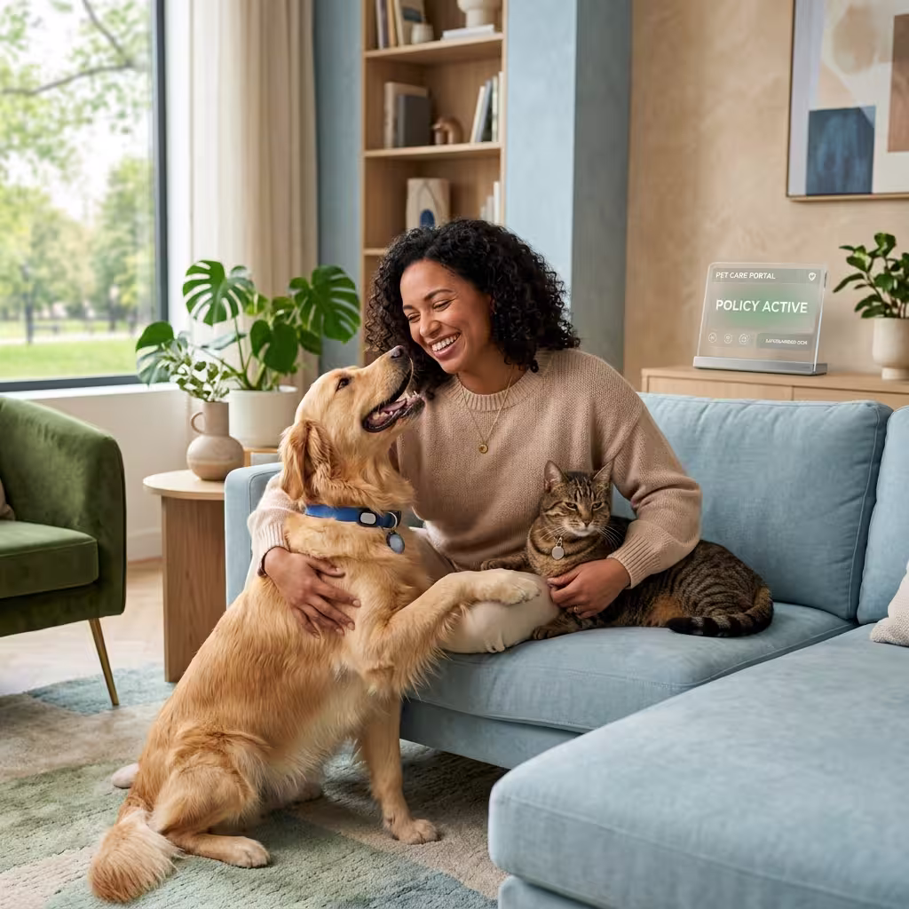 A happy pet owner sitting with their dog and cat on a sofa, symbolizing the benefits and security of pet insurance.