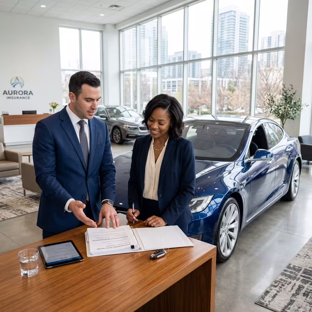 A car insurance agent providing necessary details to the customer intended to buy the car