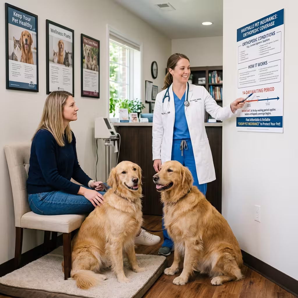 A pet owner with a large breed dog consulting a vet about orthopedic coverage, featuring Hartville's 14-day waiting period, emphasizing cheap pet insurance for large breeds.