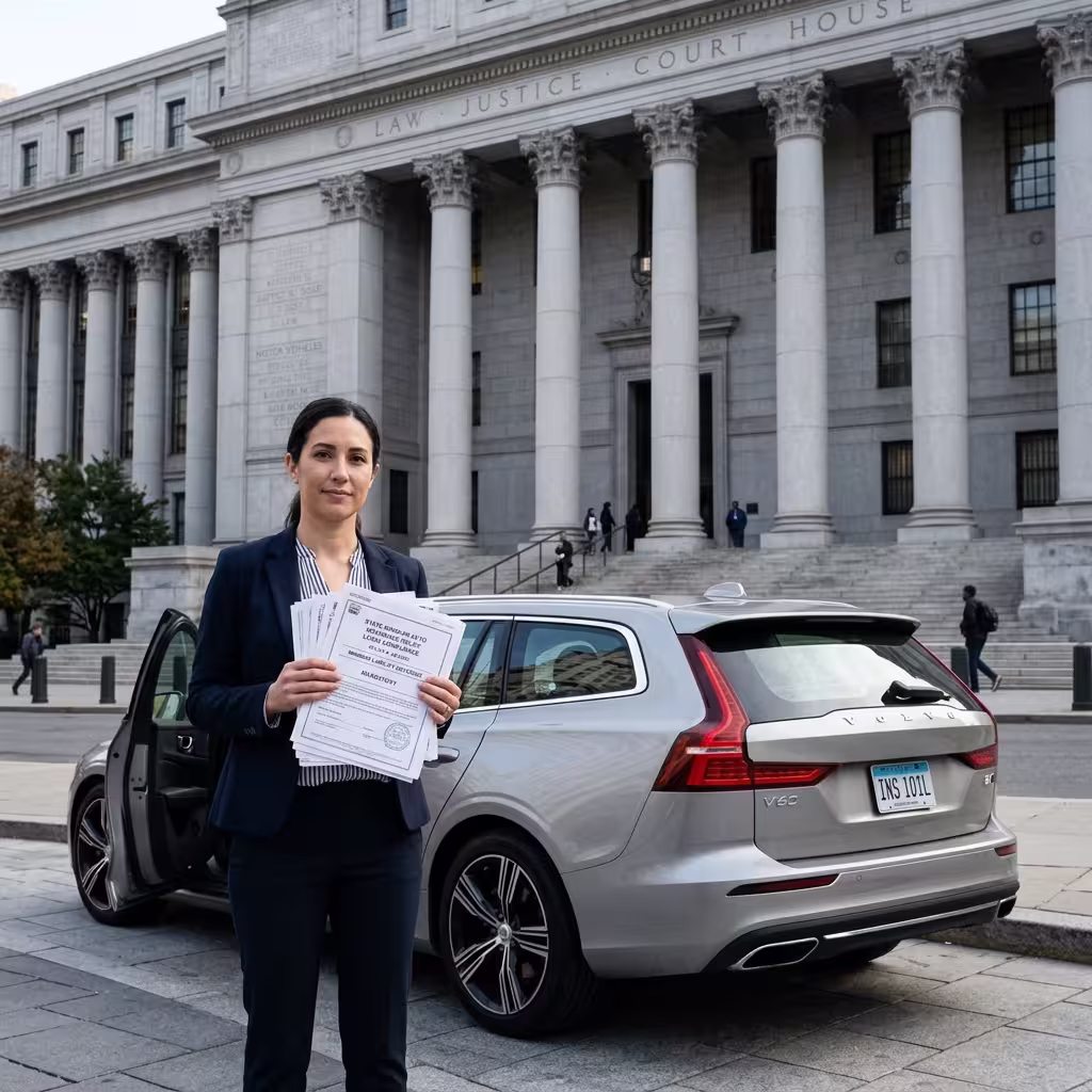 A woman standing outside the court beside her car showing the required legal documents you need for your car insurance
