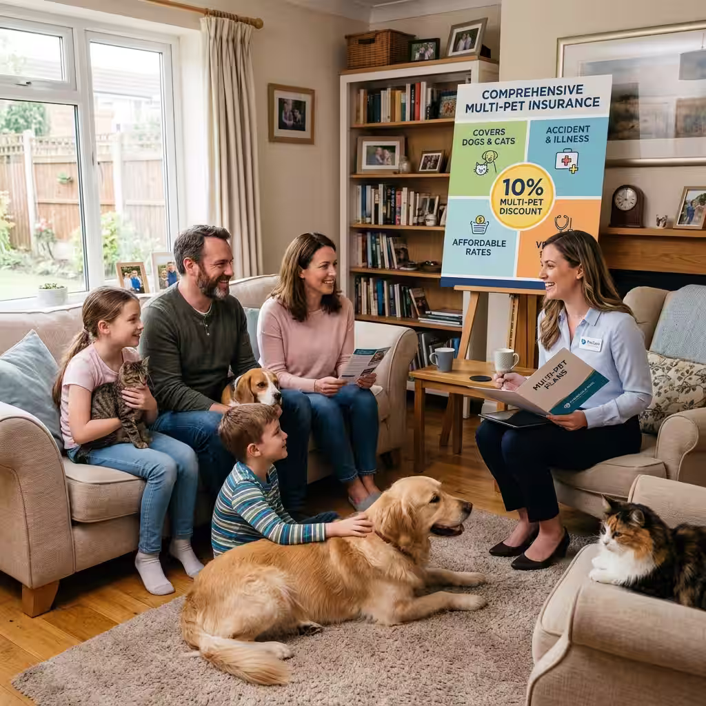 A family with multiple pets discussing multi-pet insurance plans with a representative, including an infographic on a 10% multi-pet discount, focusing on cheap pet insurance.