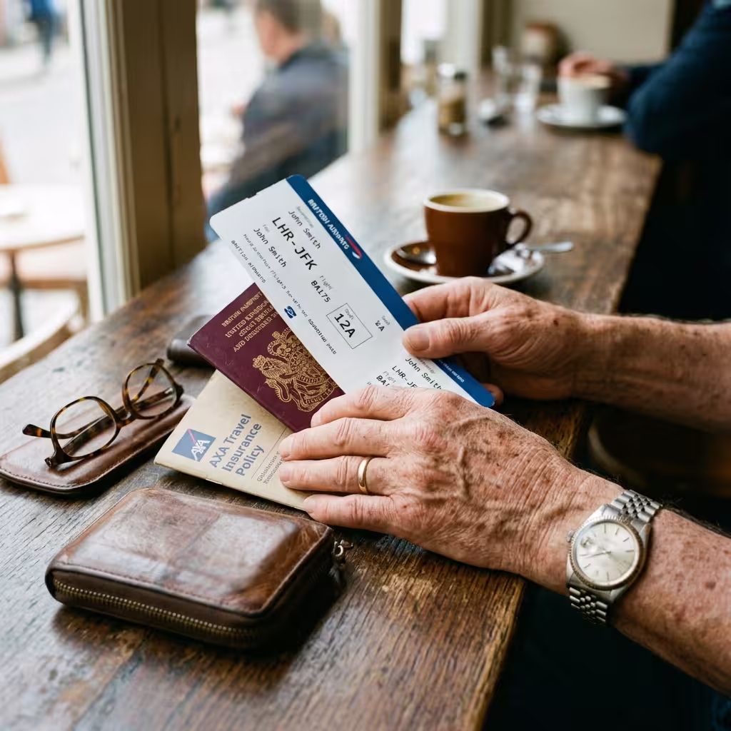 Senior hands hold a passport, boarding pass, and travel insurance for seniors booklet on a café table.