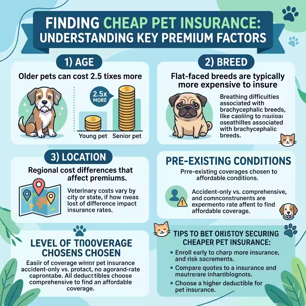 An infographic illustrating factors affecting pet insurance premiums, such as age, breed, and location, with examples, focusing on cheap pet insurance.