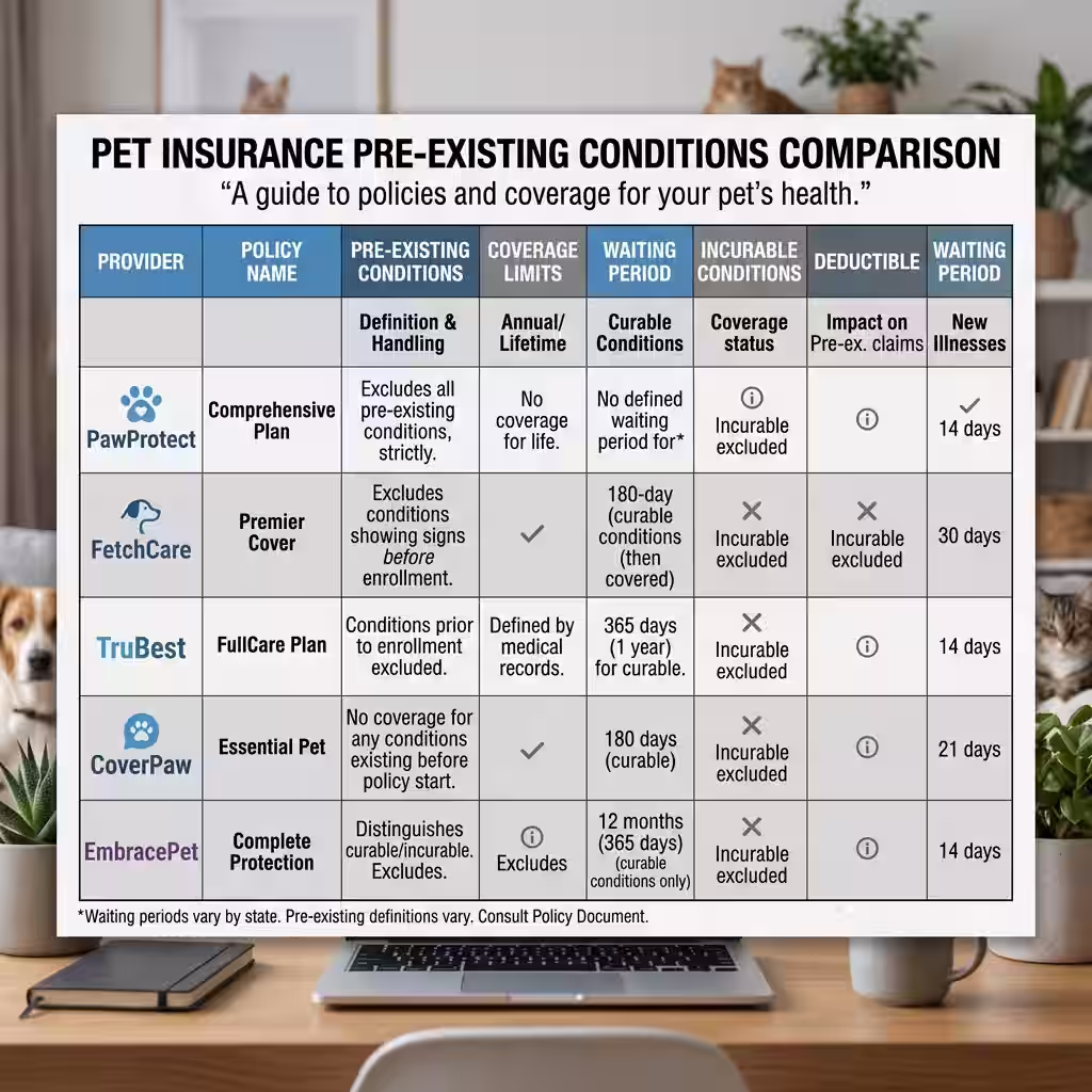 A table comparing pet insurance providers' policies on pre-existing conditions, including exclusions and waiting periods.