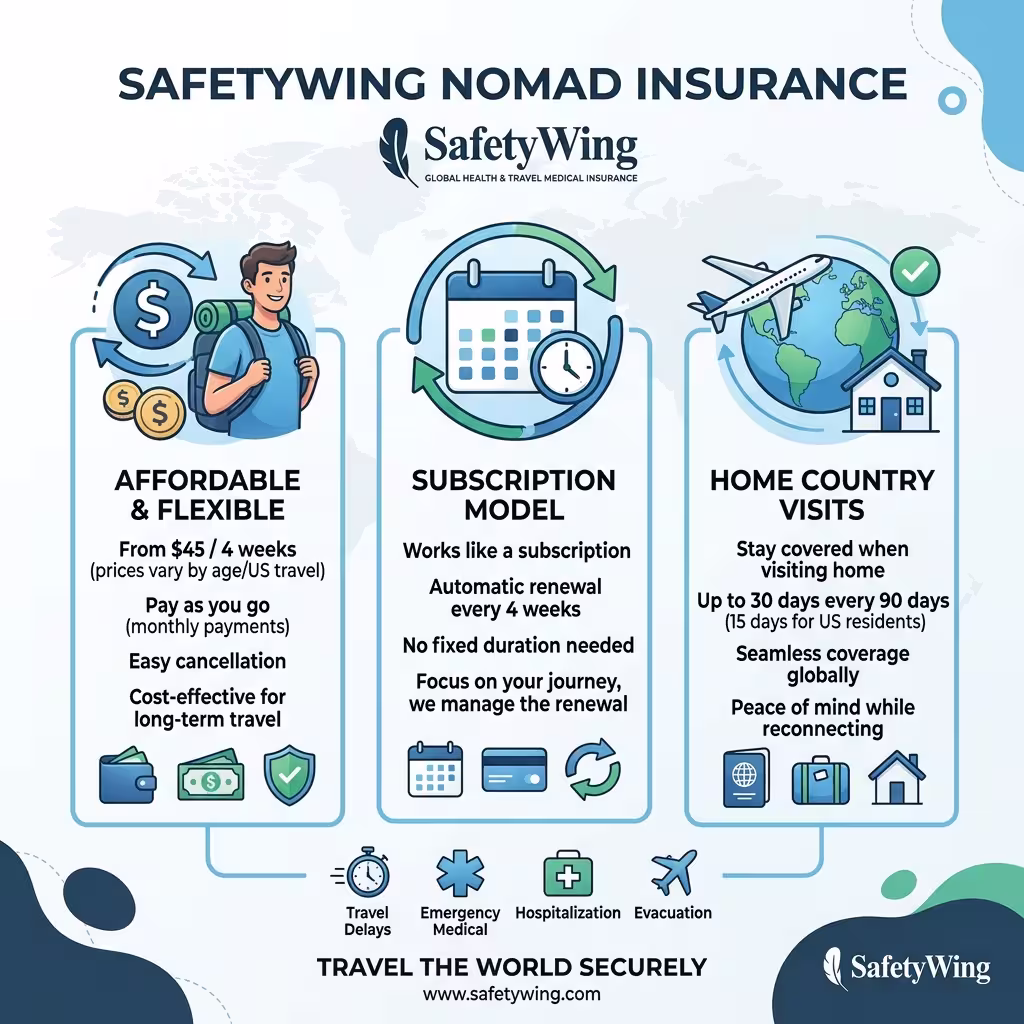 A visual representation of SafetyWing Nomad Insurance, featuring its affordability, subscription model, and suitability for digital nomad travel insurance needs.