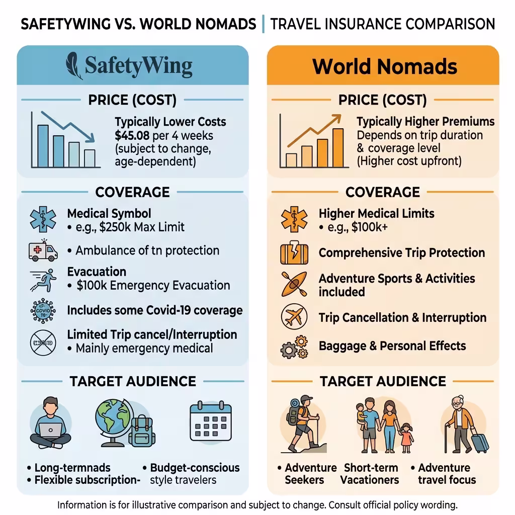  A comparison infographic of SafetyWing and World Nomads insurance plans, highlighting their differences in price and coverage for digital nomad travel insurance.
