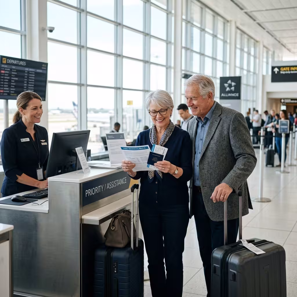 Smiling senior couple reviews travel insurance for seniors documents with an airline agent at airport check-in.