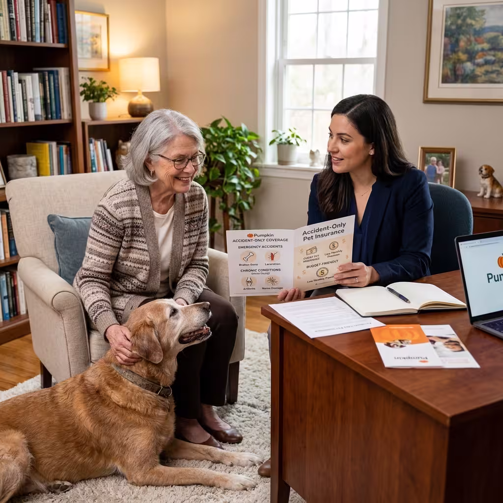 A senior pet owner discussing accident-only insurance options for their older dog with a financial advisor, highlighting Pumpkin's chronic condition coverage for cheap pet insurance.