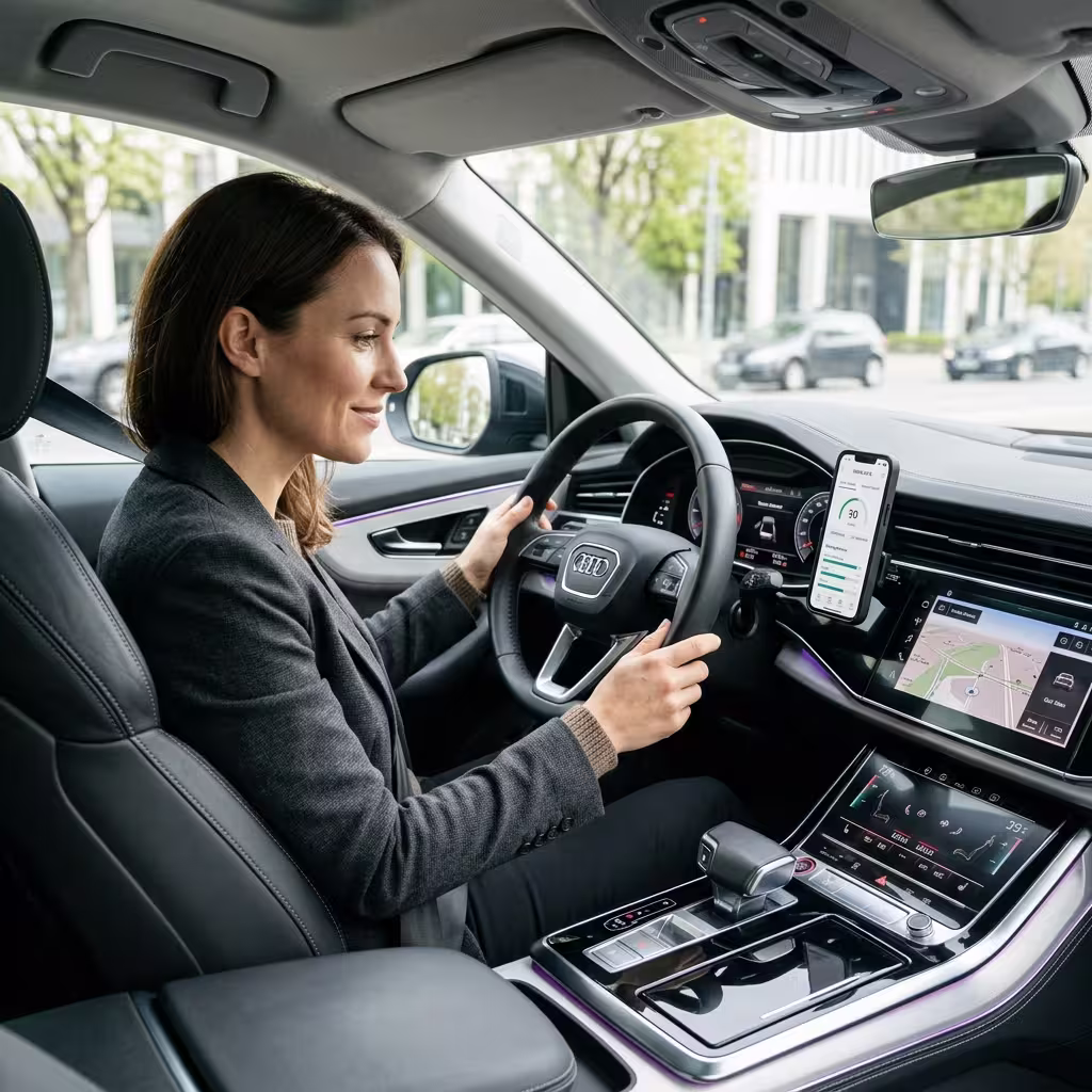 A woman sitting in a car and seeing her driving behavior via telematics app. This was advised to her from her insurance company for car insurance after accident spikes seen in the last year 