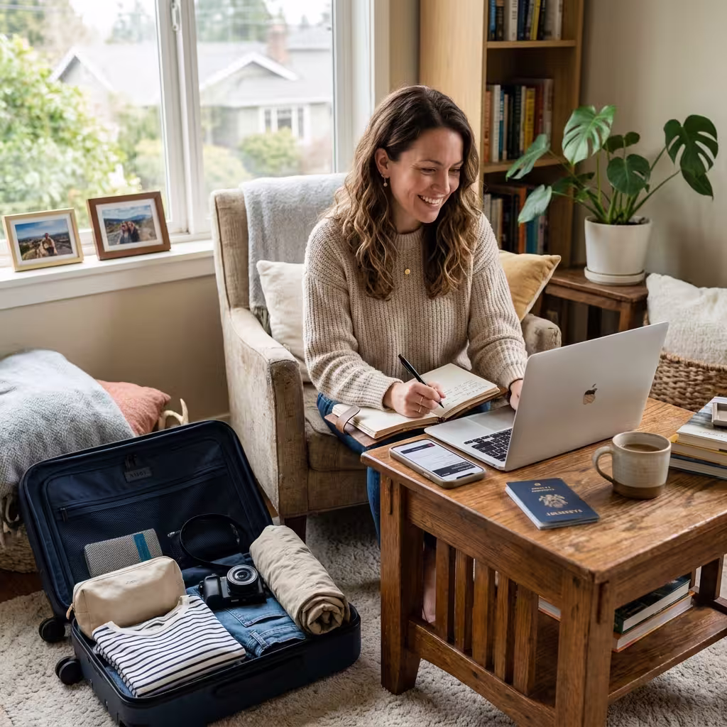 U.S. traveler reviewing refundable domestic travel bookings at home, illustrating a scenario where cancel for any reason travel insurance may not be necessary.