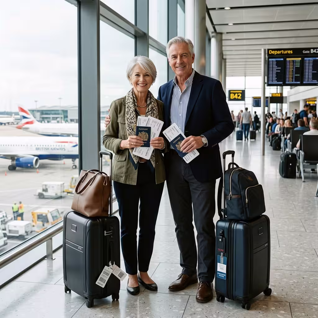 Smiling mature couple with luggage, passports, and travel insurance for seniors documents in an airport terminal.