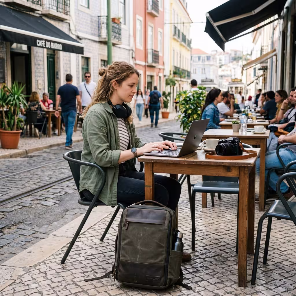 A digital nomad working on a laptop at an outdoor café in a European city, showcasing the importance of digital nomad travel insurance for protecting essential gear like laptops and cameras.