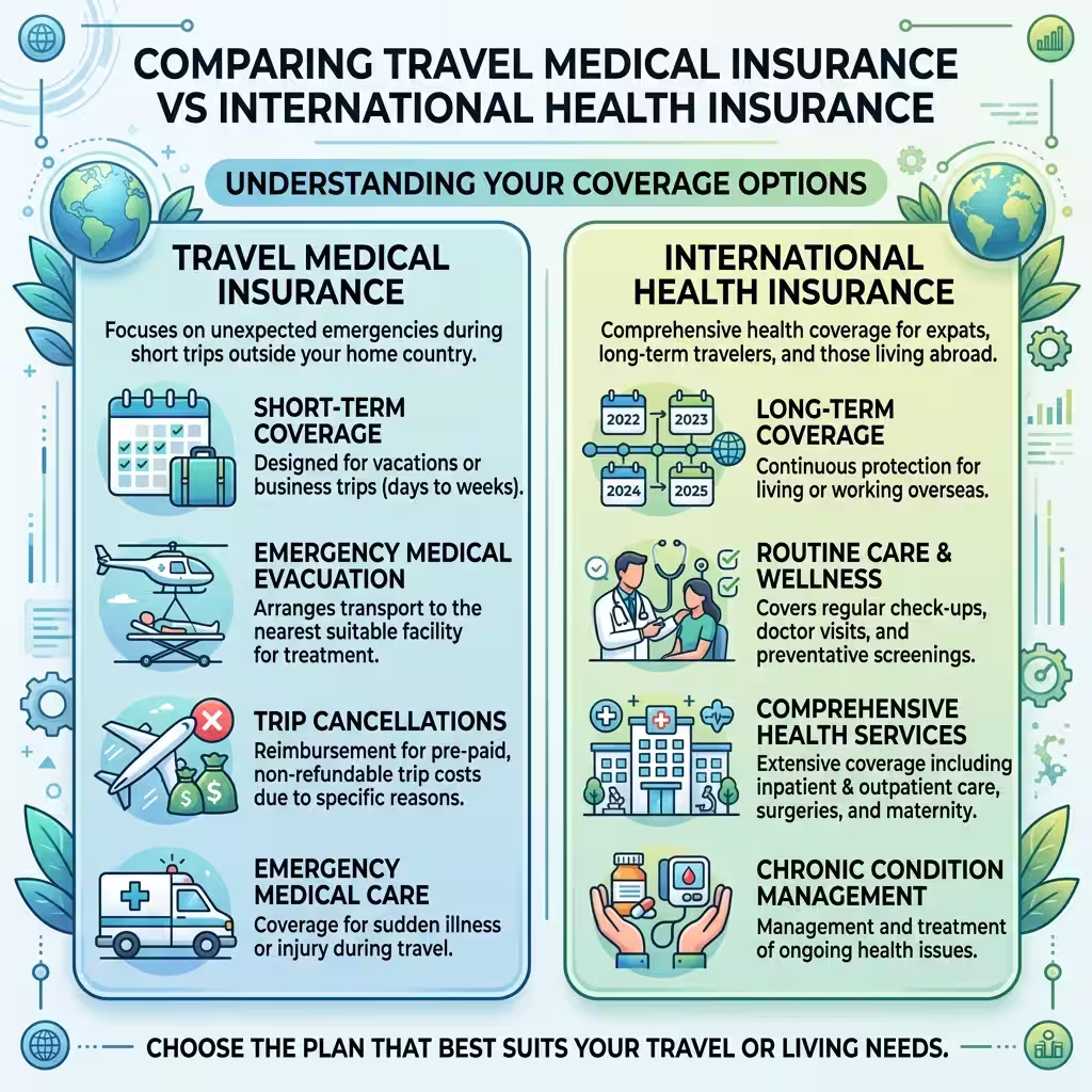 An infographic comparing travel medical insurance and international health insurance, showcasing their differences in coverage and relevance to digital nomad travel insurance.