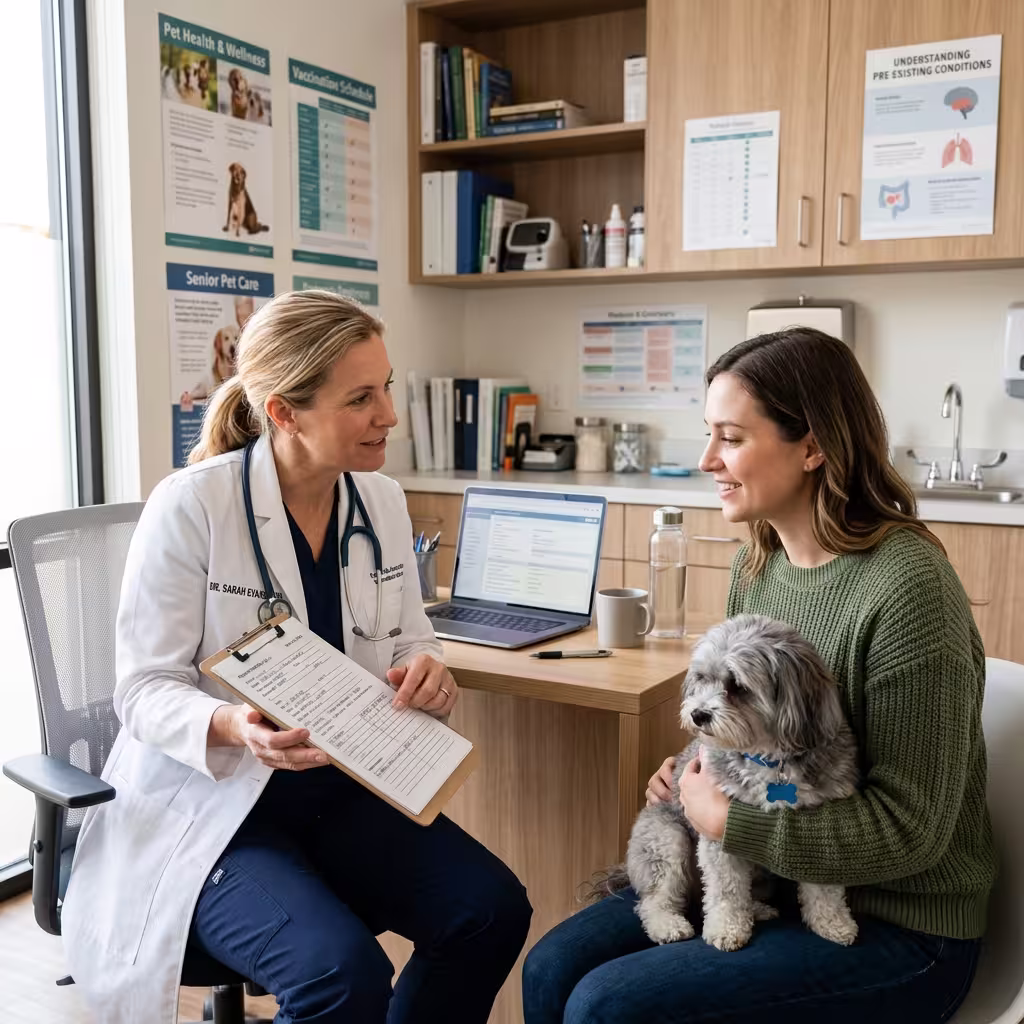 A veterinarian discussing a pet's medical history with an owner, highlighting the importance of understanding pre-existing conditions in pet insurance.
