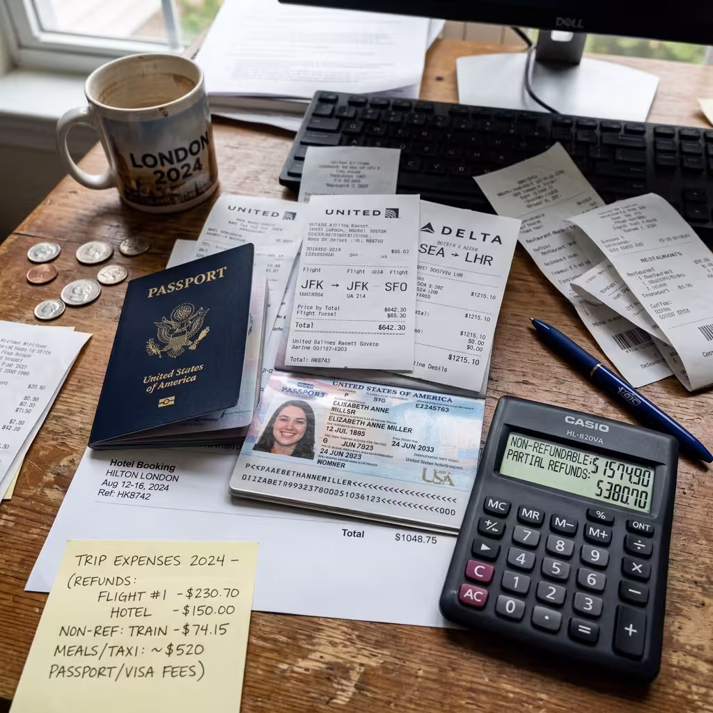Close-up of travel receipts, calculator, hotel bookings, and a U.S. passport showing potential reimbursement from cancel for any reason travel insurance.
