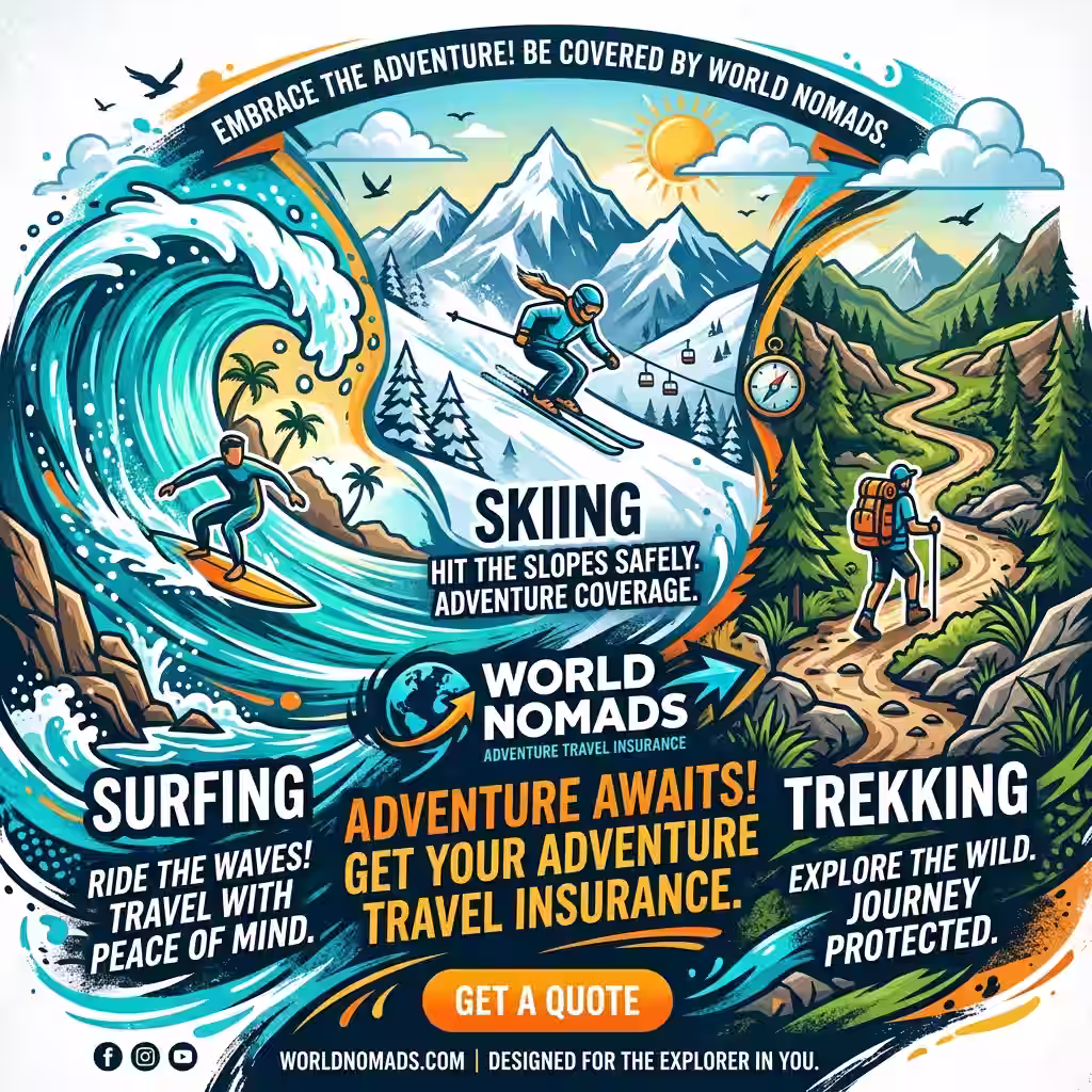 A visual showcasing World Nomads insurance, emphasizing its adventure coverage for activities like surfing and trekking, tailored for digital nomad travel insurance.