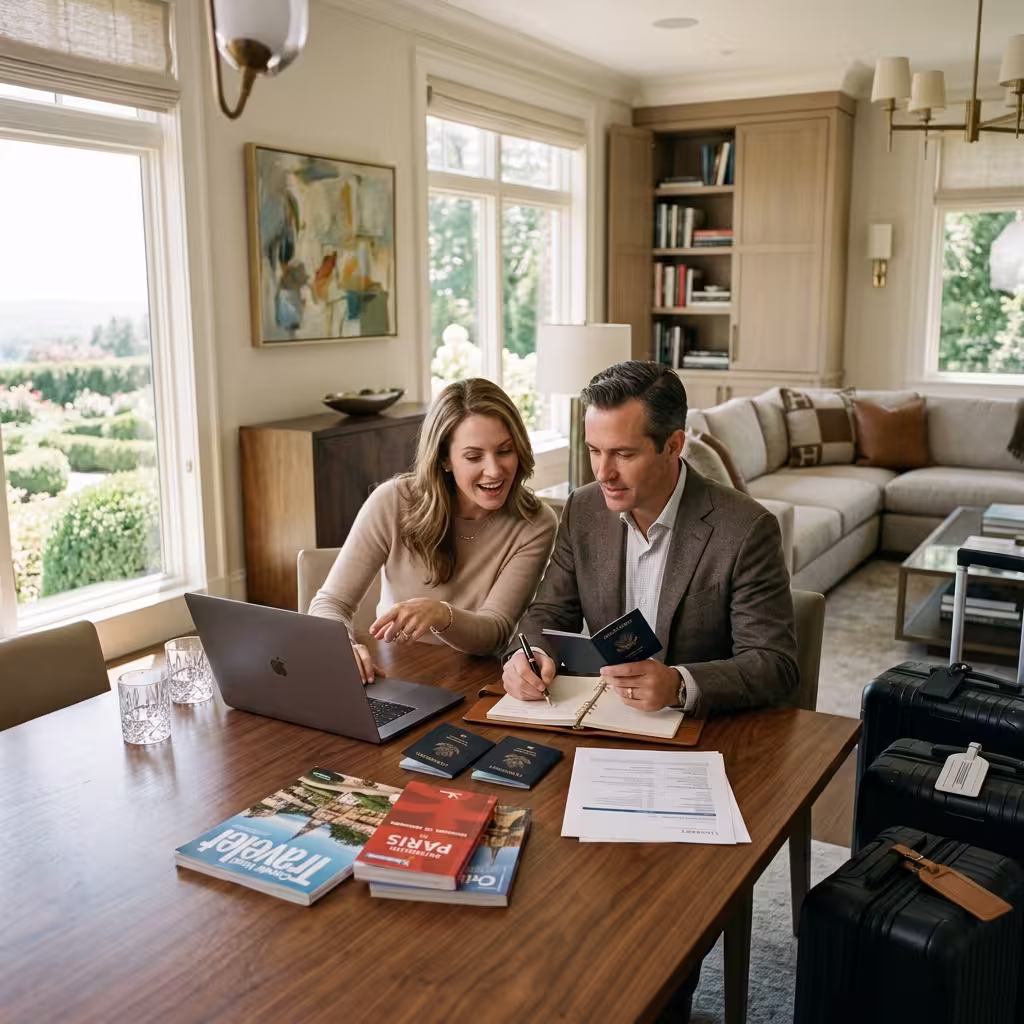 Affluent American couple planning a major international trip with passports and airline details, showing when cancel for any reason travel insurance may be worth it.