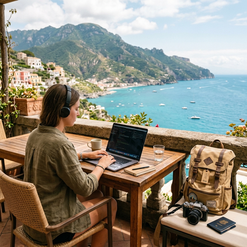 A digital nomad working on a laptop on a balcony overlooking the Amalfi Coast, symbolizing freedom, flexibility, and the importance of digital nomad travel insurance for remote workers.