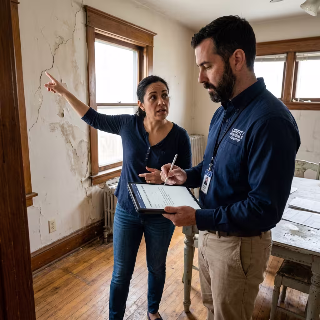 Homeowner walks through damage with an adjuster for how to file a homeowners insurance claim.