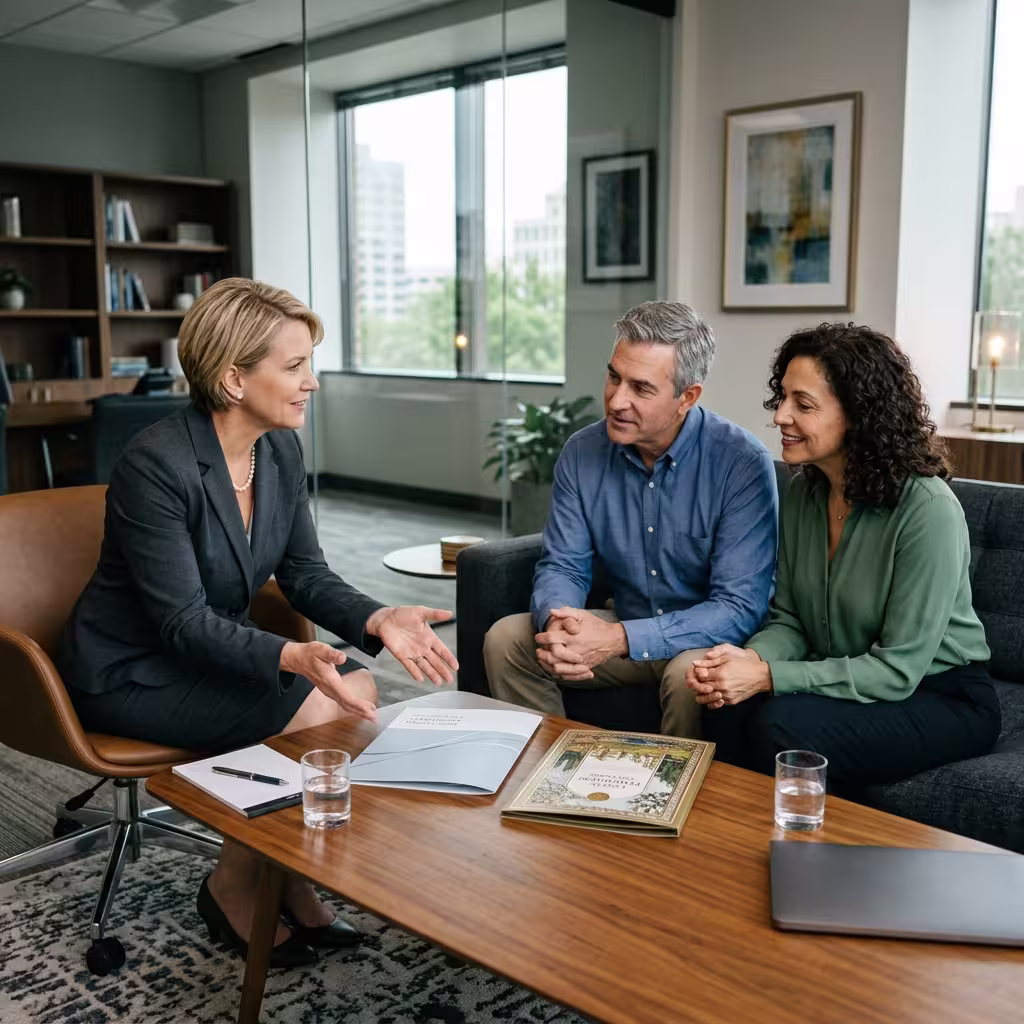 Financial advisor speaking with a couple in an office, representing a professional whole life vs term life insurance comparison.
