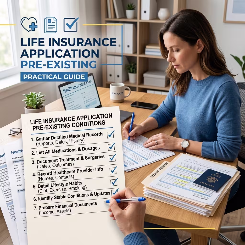Focused applicant organizes health records and checklist paperwork for life insurance with pre-existing conditions.