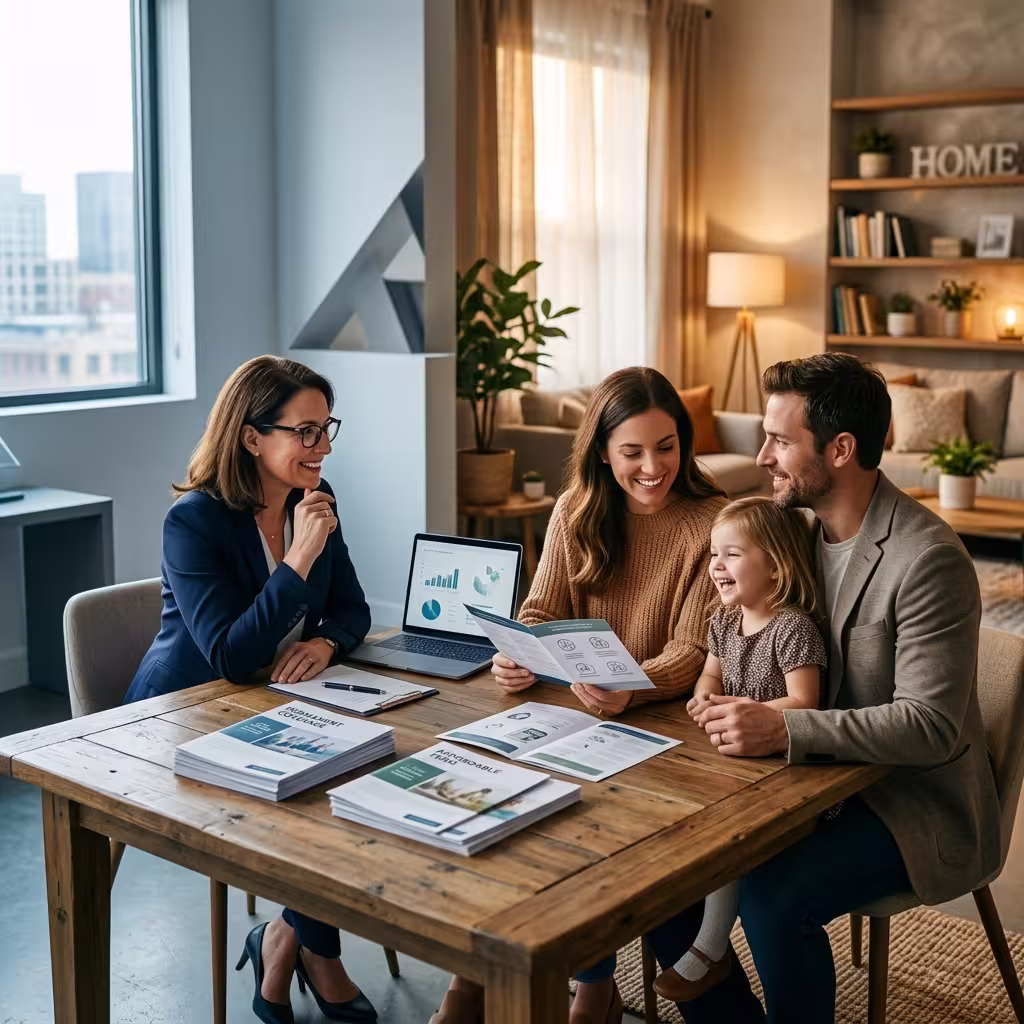 Family meeting with a financial advisor at home, illustrating the whole life vs term life insurance decision for long-term family protection.