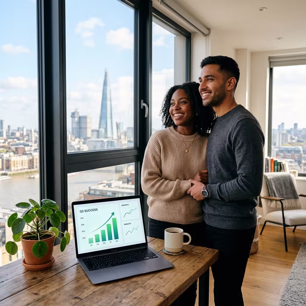 Diverse couple smiles at city skyline beside laptop graph, plant, and mug for cheap life insurance for young adults.