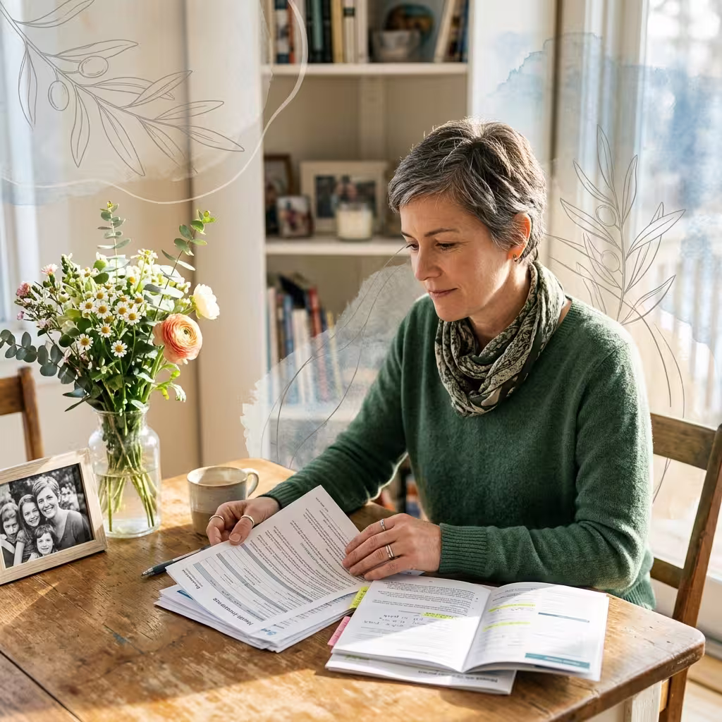 Cancer survivor reviews life insurance with pre-existing conditions documents for remission and future planning.