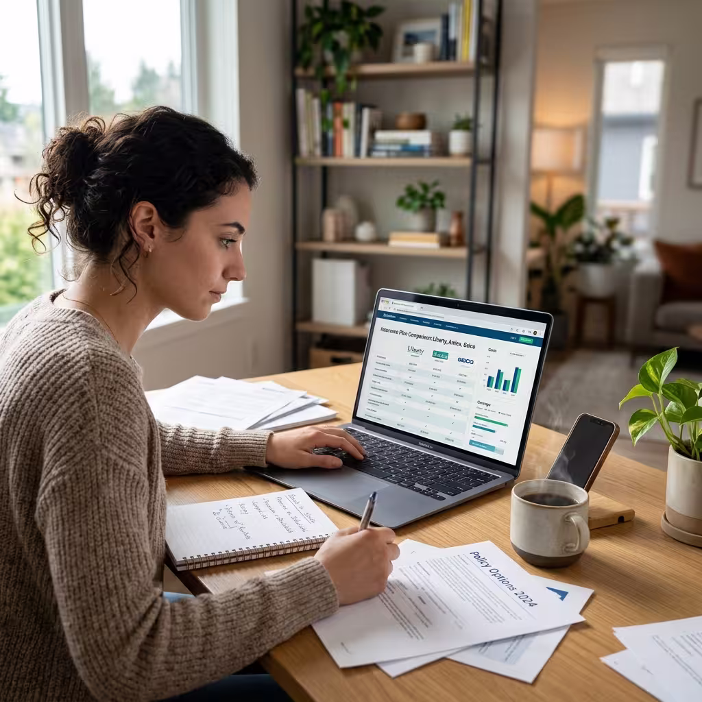 Young adult compares cheap life insurance for young adults on a laptop with notes, phone, coffee, and papers.