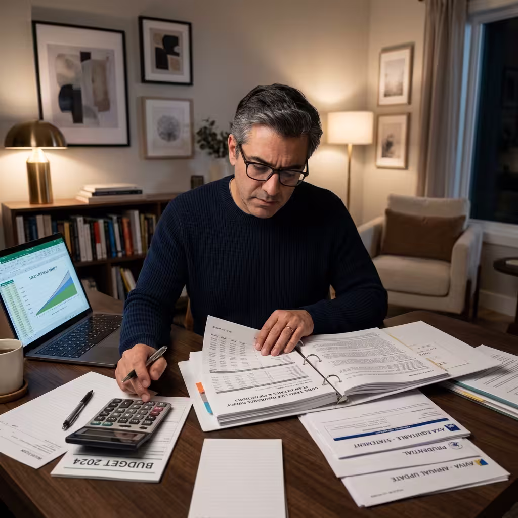 Man reviewing financial documents and policy details at a desk, illustrating whole life vs term life cash value