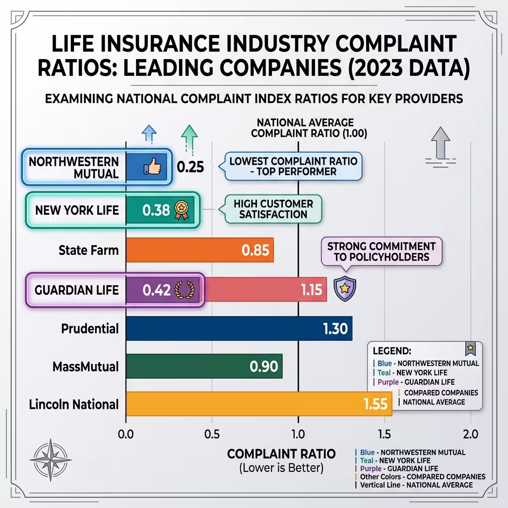 A chart comparing complaint ratios of the best life insurance companies, highlighting top performers like Northwestern Mutual and New York Life.