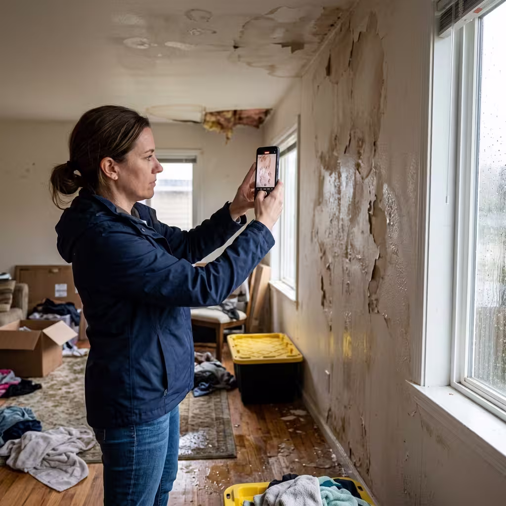 Homeowner documents interior damage by phone for how to file a homeowners insurance claim. 