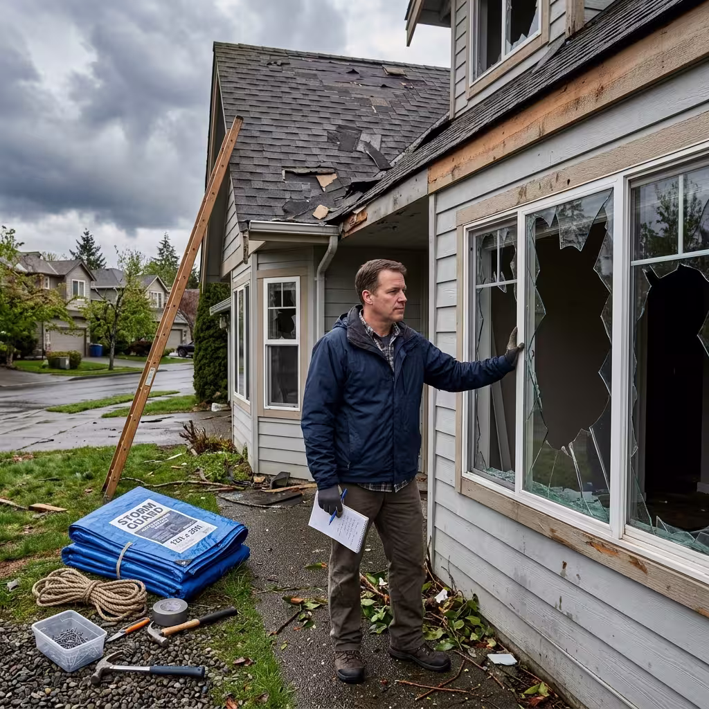 Homeowner safely checks storm damage before cleanup in how to file a homeowners insurance claim.