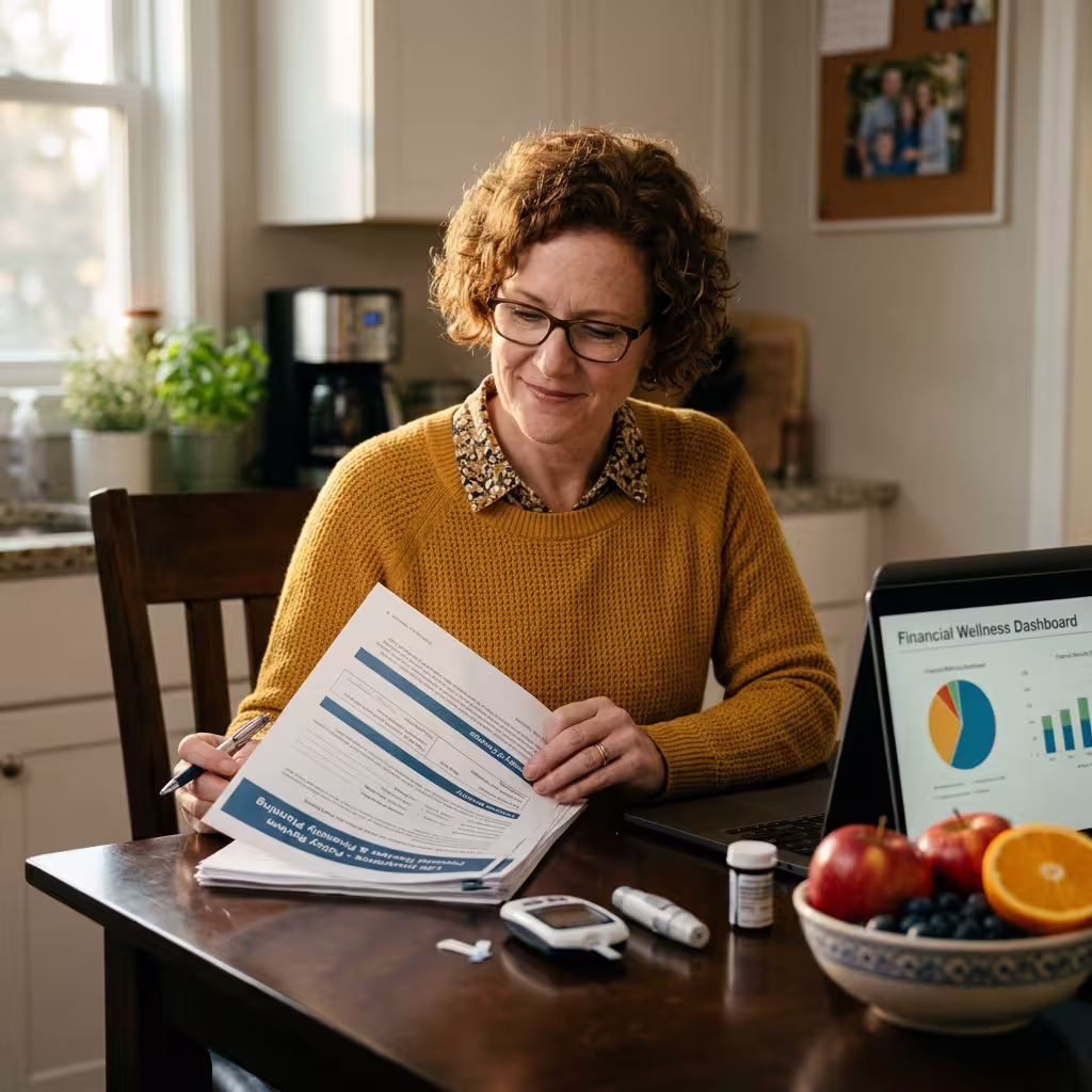 Confident middle-aged adult manages type 2 diabetes while reviewing life insurance with pre-existing conditions paperwork.
