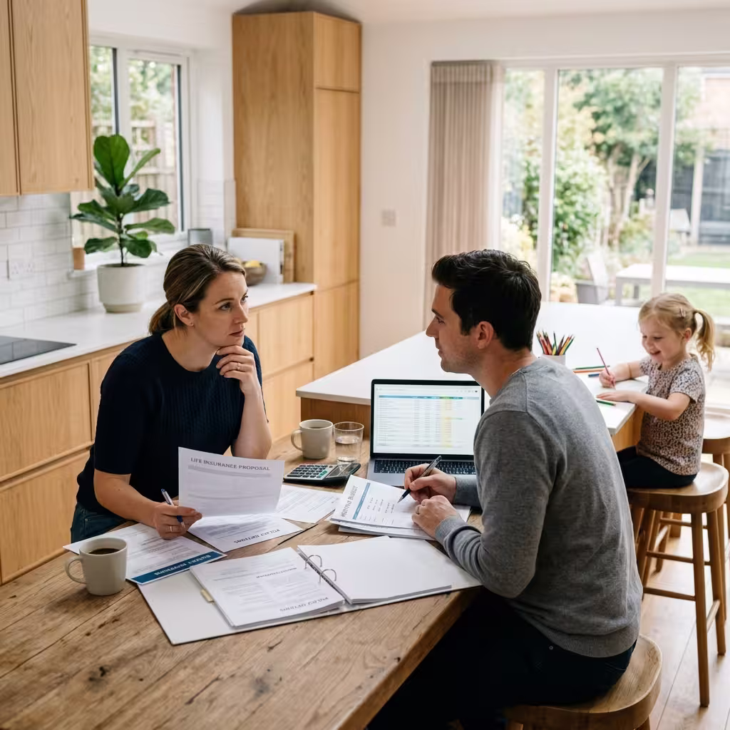Couple reviewing insurance papers at the kitchen table with their child nearby, showing a real-life whole life vs term life budgeting decision.
