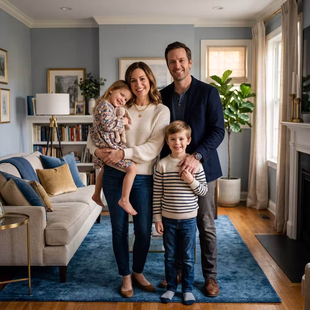Family of four in a warm home setting considers how much life insurance do I need for lasting protection.