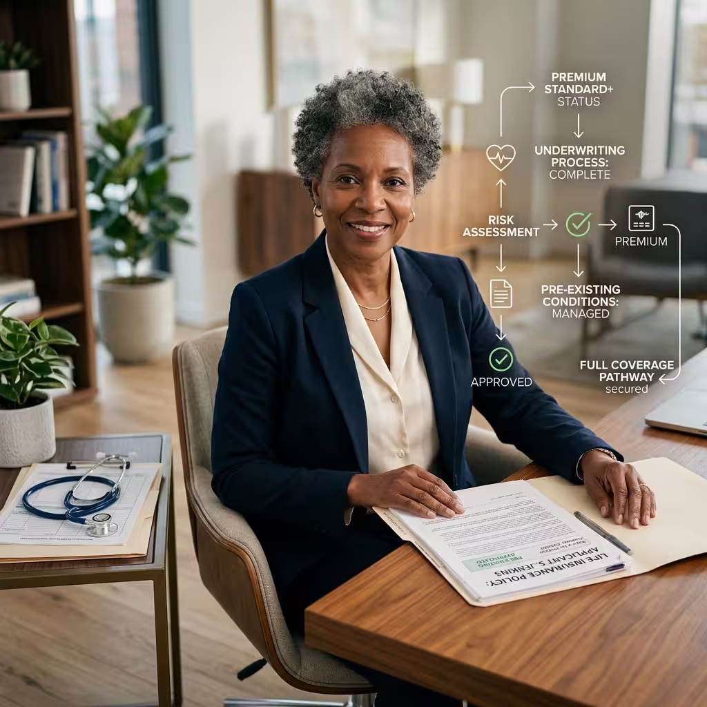 Confident mature adult reviews life insurance with pre-existing conditions documents with underwriting overlays.