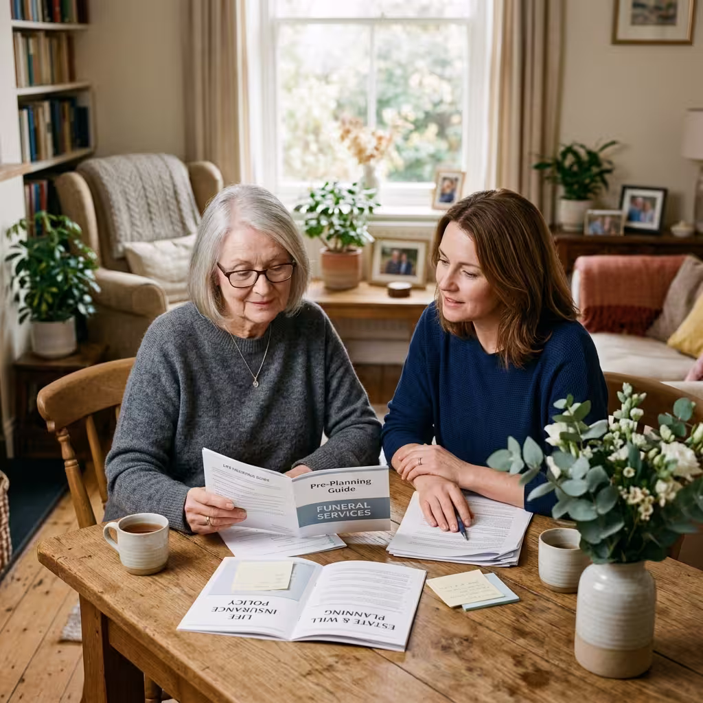 Older woman and adult daughter calmly reviewing final expense life insurance for seniors documents at home together.