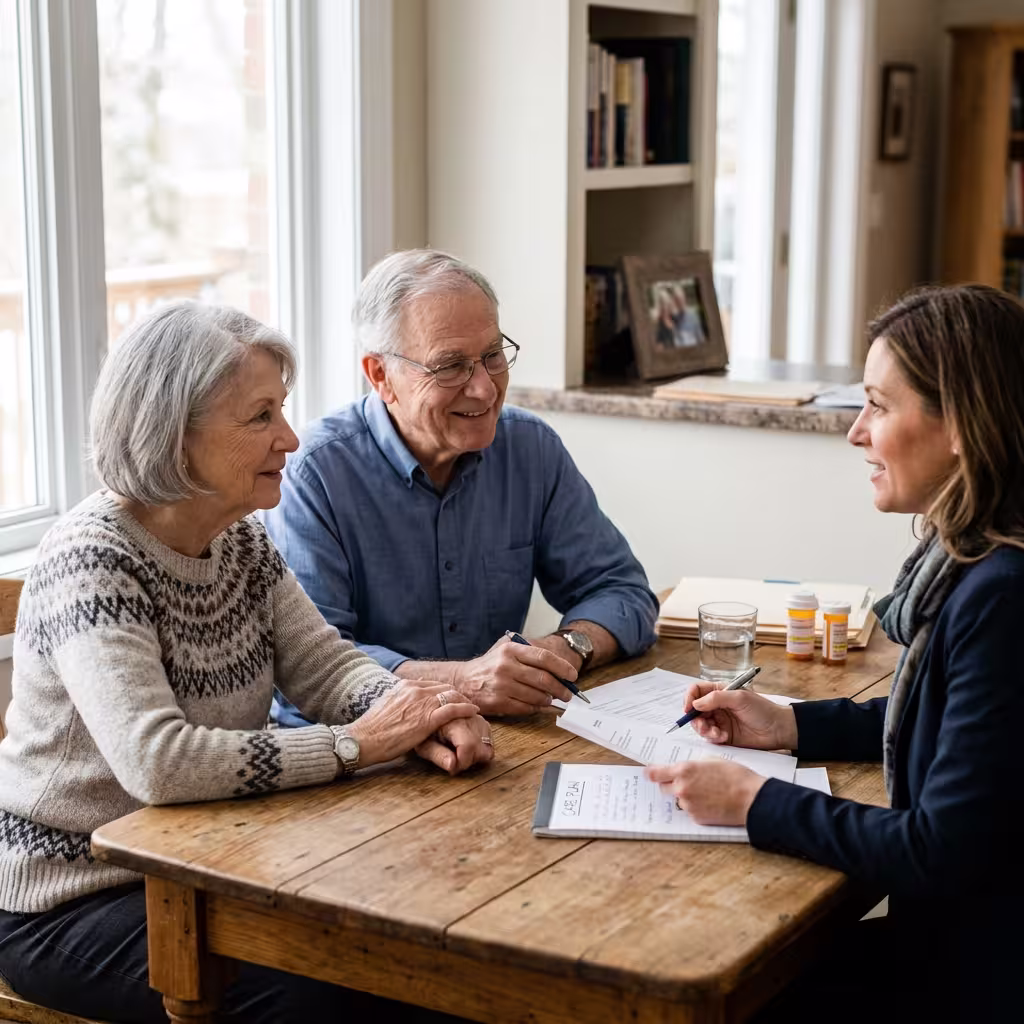 Older couple speaking with an advisor while medical history notes sit nearby, illustrating health review for life insurance for seniors.